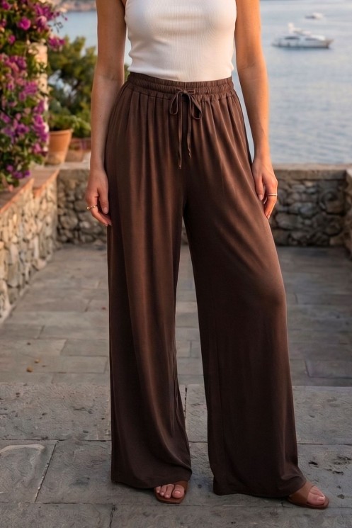 Elastic Trousers with Drawstring - Brown