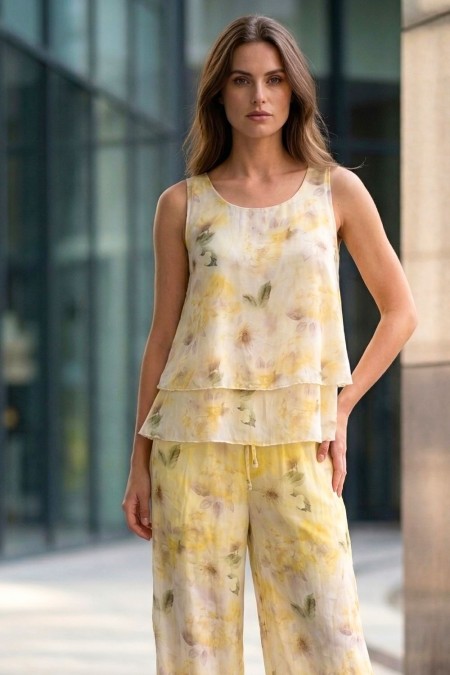 Printed Blouse & Pants Set - Yellow 2