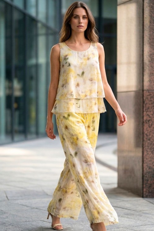 Printed Blouse & Pants Set - Yellow