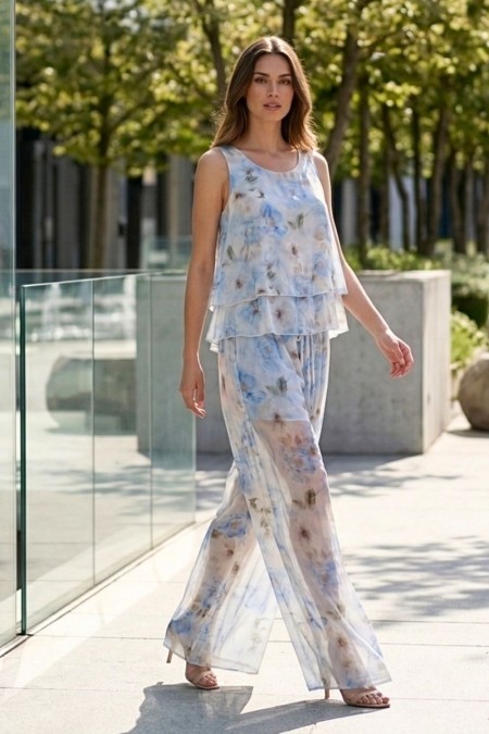 Printed Blouse & Pants Set - Light Blue