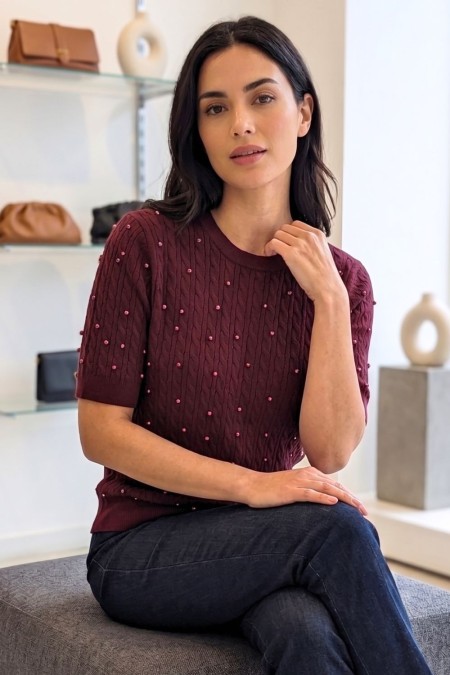 Short-Sleeved Knitted Top with Pearls - Bordeaux