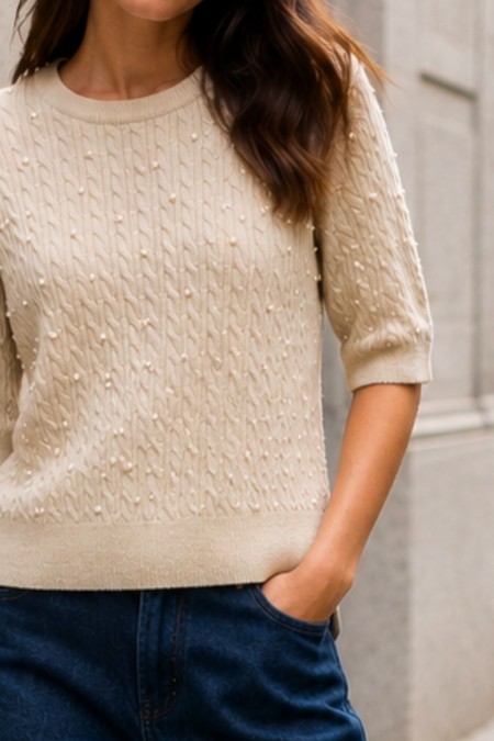Short-Sleeved Knitted Top with Pearls - Beige 2