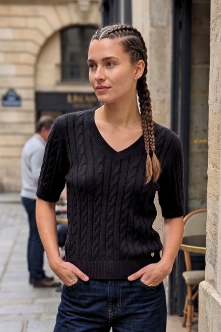 Short-Sleeve Knitted Top with Lurex - Black