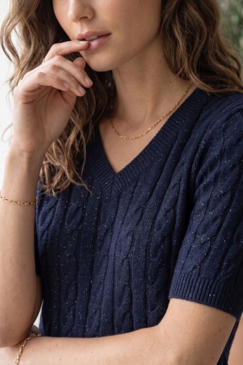 Short-Sleeve Knitted Top with Lurex - Navy Blue