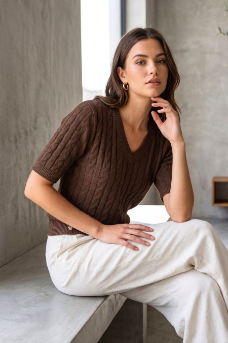 Short-Sleeve Knitted Top with Lurex - Brown