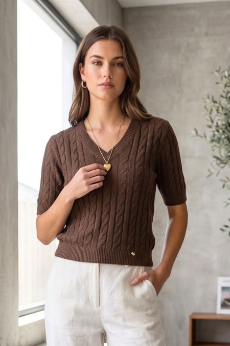 Short-Sleeve Knitted Top with Lurex - Brown 2