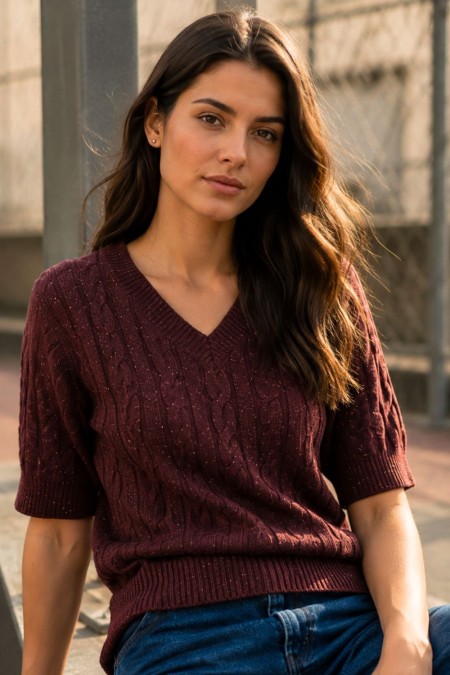 Short-Sleeve Knitted Top with Lurex - Bordeaux 2