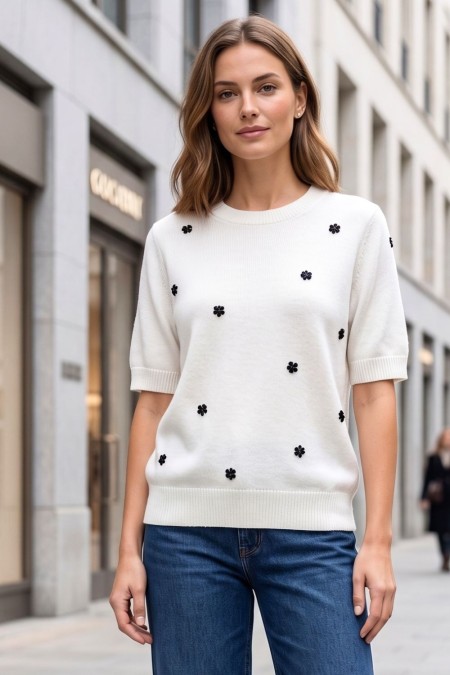 Short-Sleeve Knitted Top - White