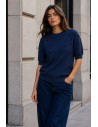 Short-Sleeve Knitted Top - Navy Blue