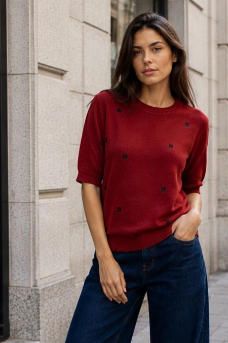 Short-Sleeve Knitted Top - Red