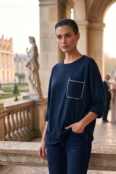 Top with Pocket & Lurex - Navy Blue