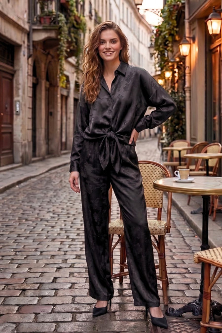 Satin Shirt and Wide-Leg Trousers Set - Black