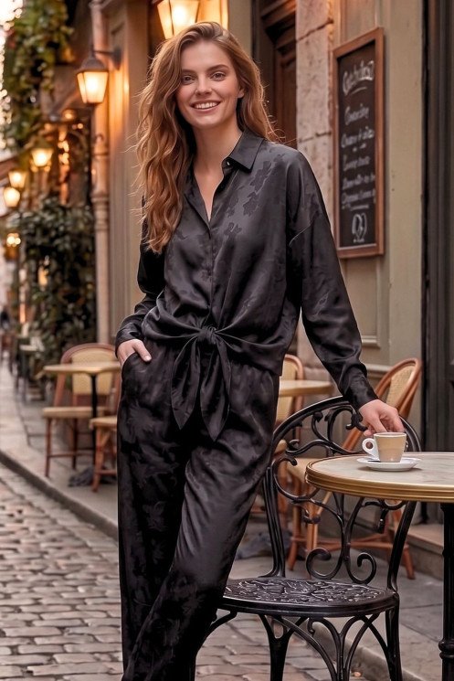 Satin Shirt and Wide-Leg Trousers Set - Black