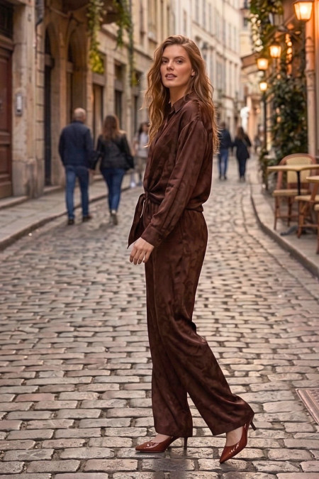 Satin Shirt and Wide-Leg Trousers Set - Brown
