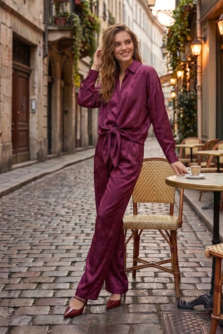 Satin Shirt and Wide-Leg Trousers Set - Bordeaux 2