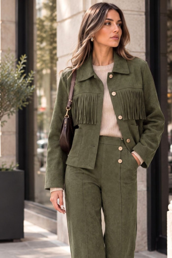 Suede Jacket with Fringe - Khaki