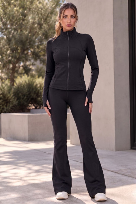 Athletic Set Zip-up Jacket & Flared Leggings - Black