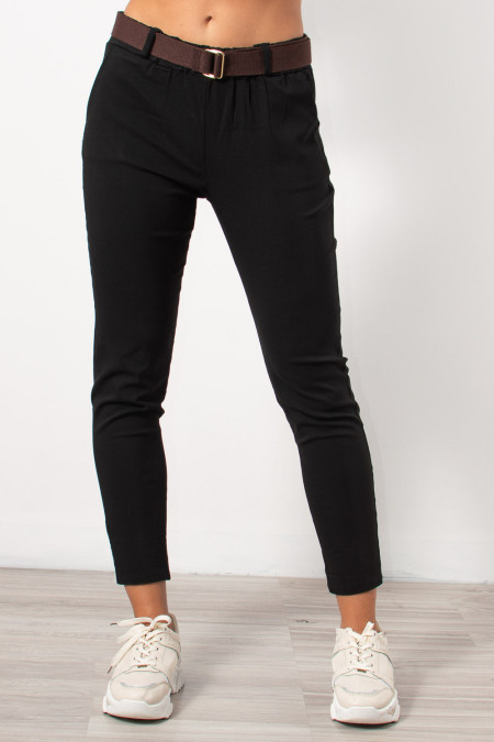 Skinny Mid Waist Pants with Belt - Black | Exxes Fashion