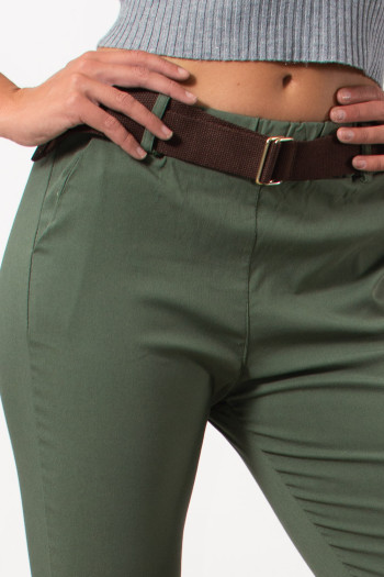 Skinny Mid Waist Pants with Belt - Khaki | Exxes Fashion
