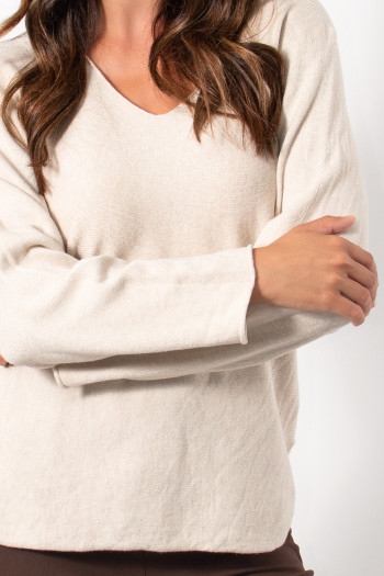 Knitted V Neck Blouse - Cream | Exxes Fashion