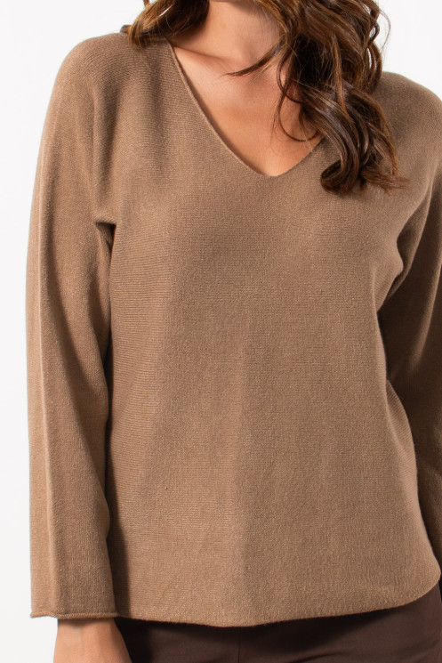 Knitted V Neck Blouse - Tan| Exxes Fashion