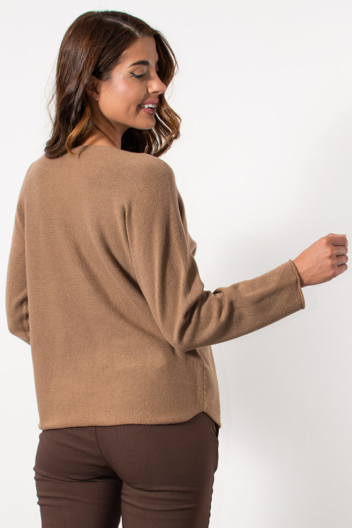 Knitted V Neck Blouse - Tan| Exxes Fashion