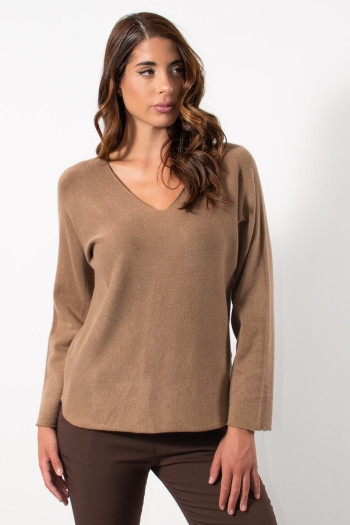 Knitted V Neck Blouse - Tan| Exxes Fashion