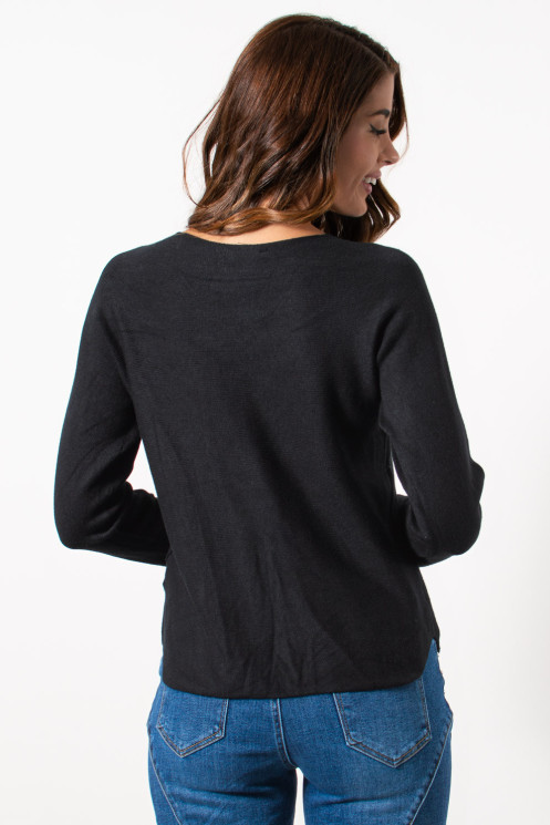 Knitted V Neck Blouse - Black| Exxes Fashion
