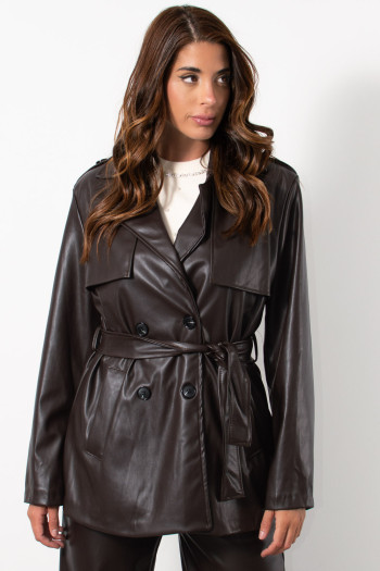Short Faux Leather Trench - Brown