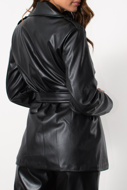 Short Faux Leather Trench - Black