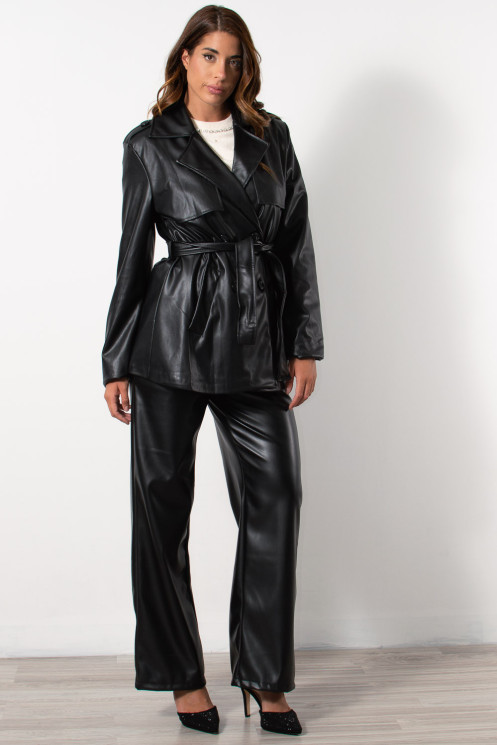 Short Faux Leather Trench - Black