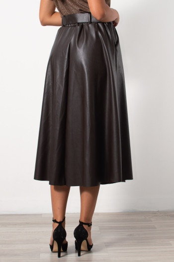 Midi Faux Leather Skirt - Brown