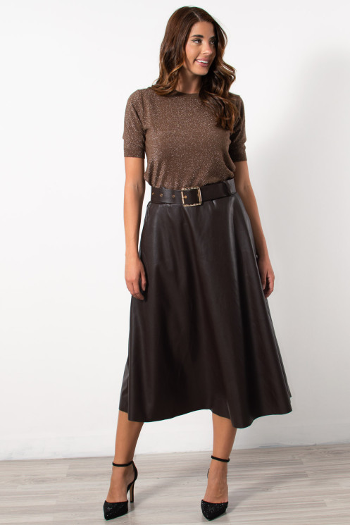Midi Faux Leather Skirt - Brown