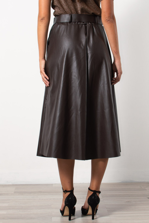 Midi Faux Leather Skirt - Brown
