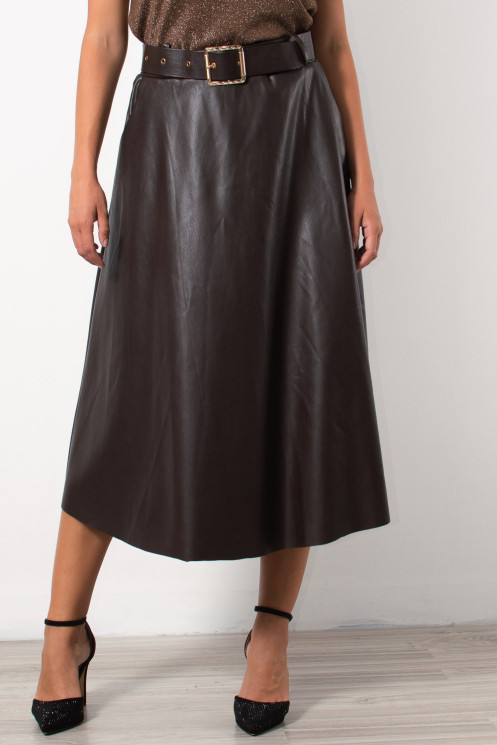 Midi Faux Leather Skirt - Brown