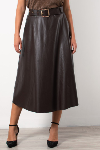 Midi Faux Leather Skirt - Brown