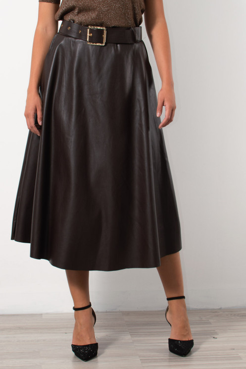 Midi Faux Leather Skirt - Brown