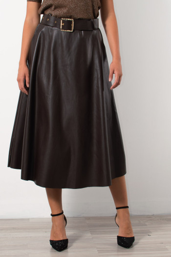 Midi Faux Leather Skirt - Brown