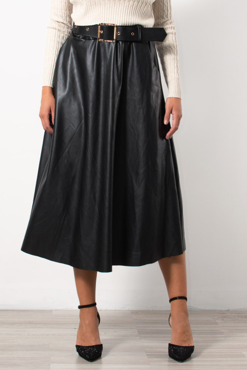 Midi Faux Leather Skirt - Black