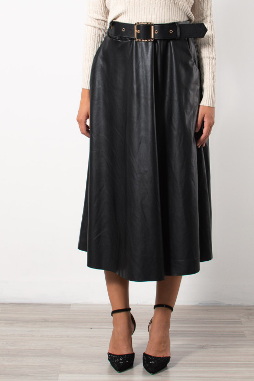 Midi Faux Leather Skirt - Black