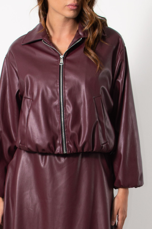 Bomber Faux Leather Jacket - Wine Red | Exxes Fashion