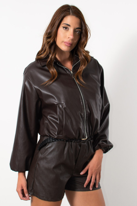 Bomber Faux Leather Jacket - Brown | Exxes Fashion