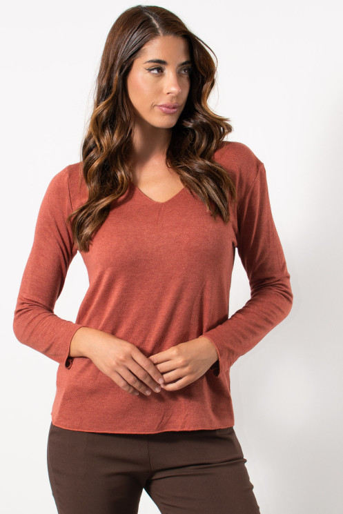 Light Knit Top with V Neck - Rust | Exxes Fashion