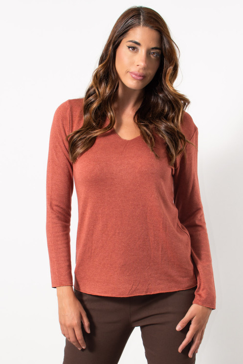 Light Knit Top with V Neck - Rust | Exxes Fashion