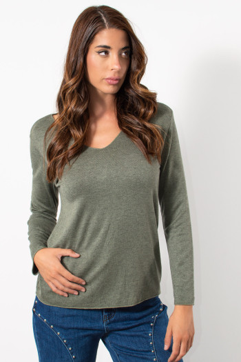 Light Knit Top with V Neck - Khaki | Exxes Fashion