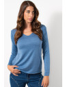 Light Knit Top with V Neck - Steel Blue | Exxes Fashion