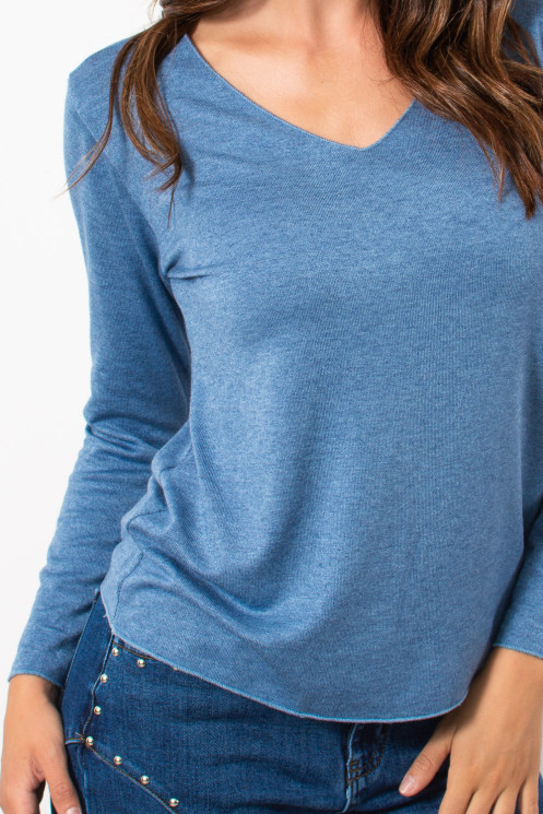 Light Knit Top with V Neck - Steel Blue | Exxes Fashion