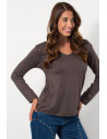 Light Knit Top with V Neck - Brown | Exxes Fashion