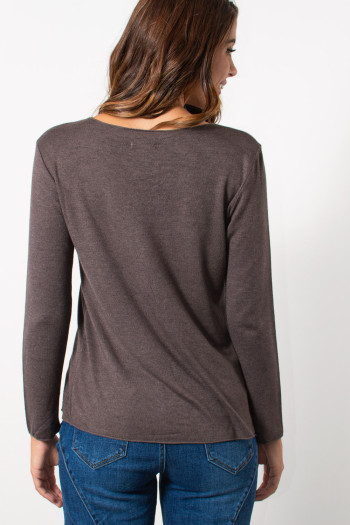 Light Knit Top with V Neck - Brown | Exxes Fashion