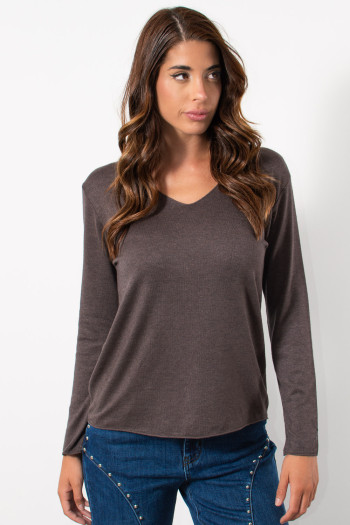 Light Knit Top with V Neck - Brown | Exxes Fashion